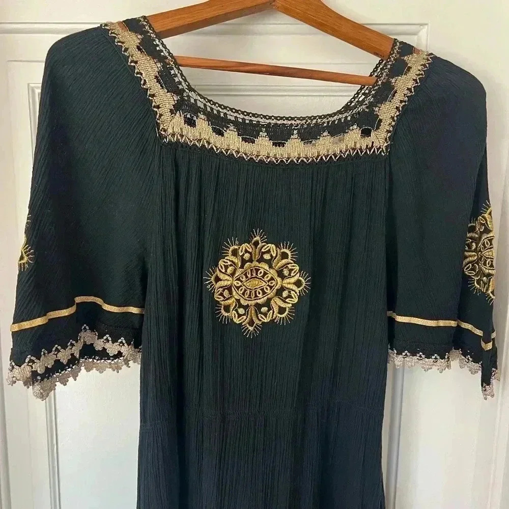 Vintage Greek Embroidered Boho Dress - Black & Gold Cotton Midi size M - Picture 4 of 10